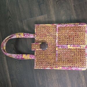 Vera Bradley Bali Gold Tiki Tote With Woven Rattan Wicker